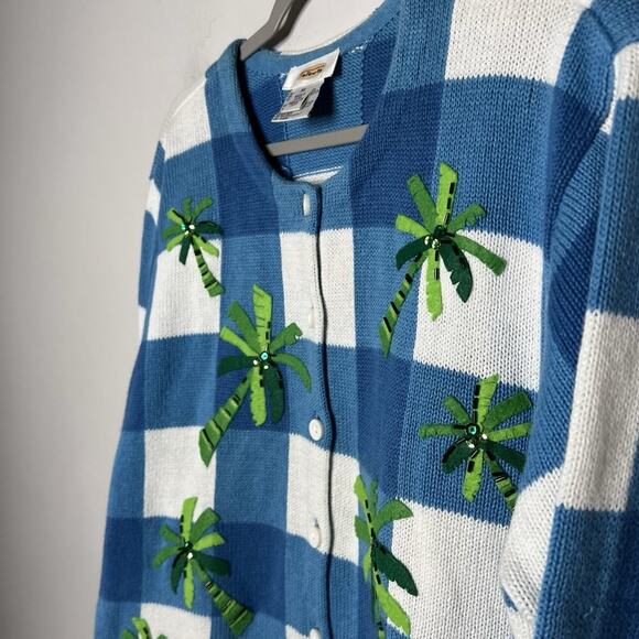 Vintage Talbots Sweater Womens XL Cardigan Patchwork Palm Trees Cable Knit 90s - Picture 10 of 13